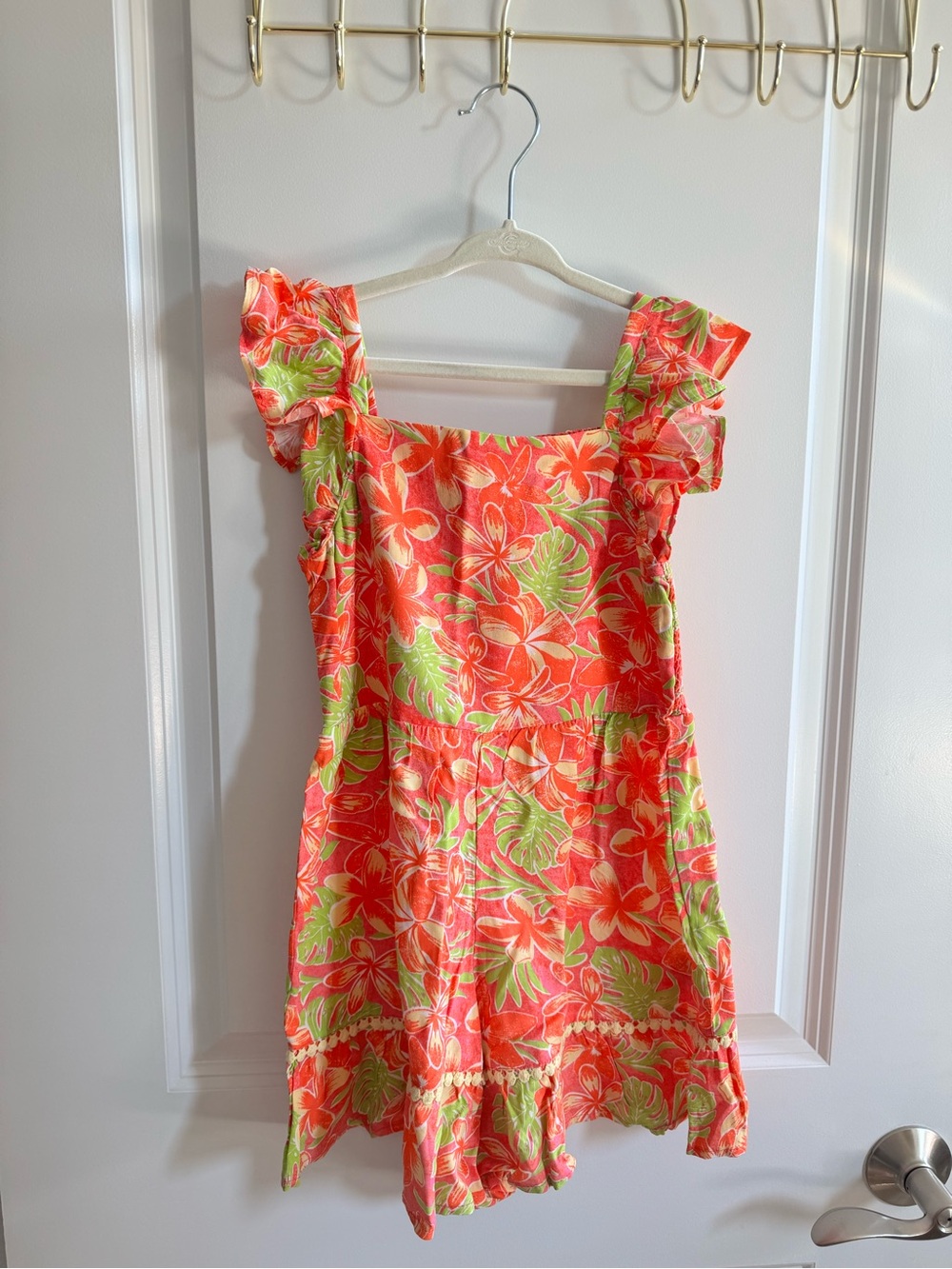 Girls Coral Floral Square-Neck Romper